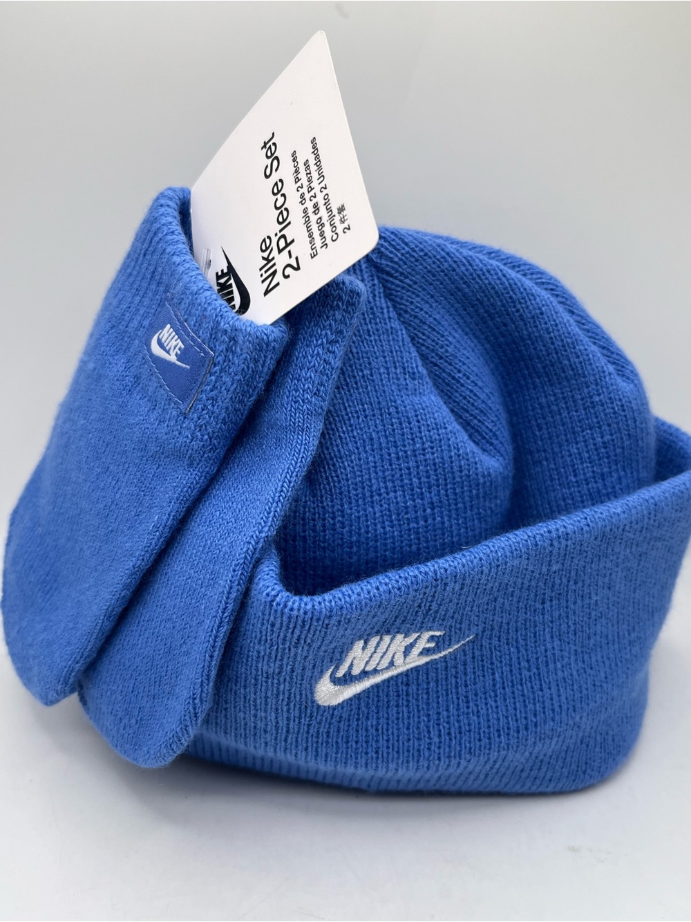 Nike Toddler 2 piece Blue Knit Beanie & Mittens Set